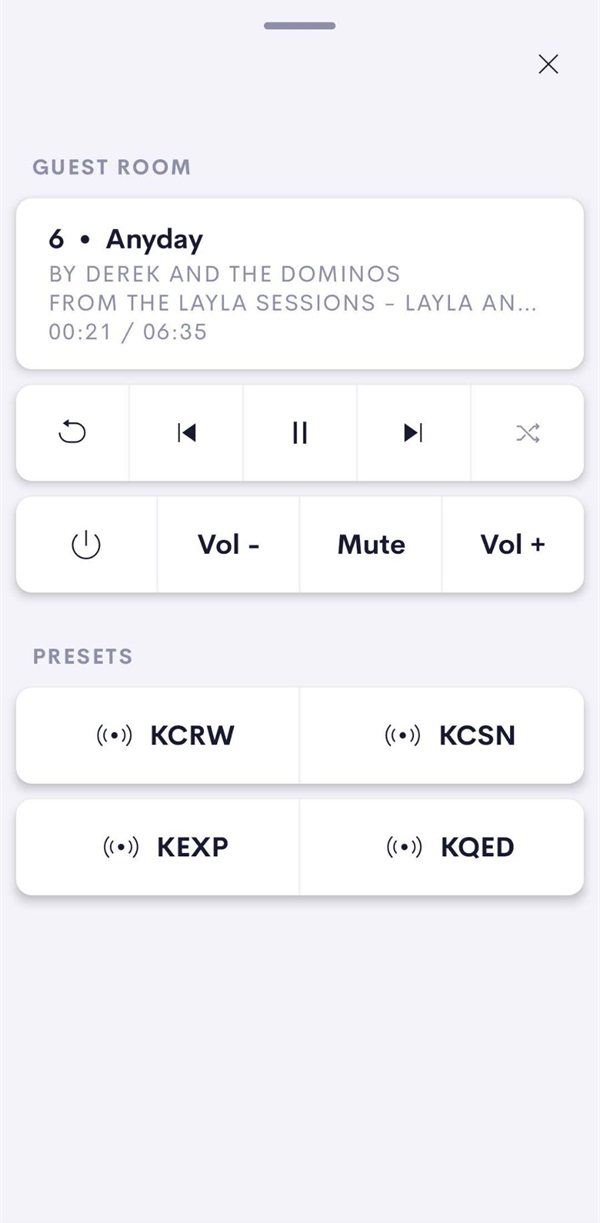 Lyrion Helper now-playing screen with track details, transport, volume and presets