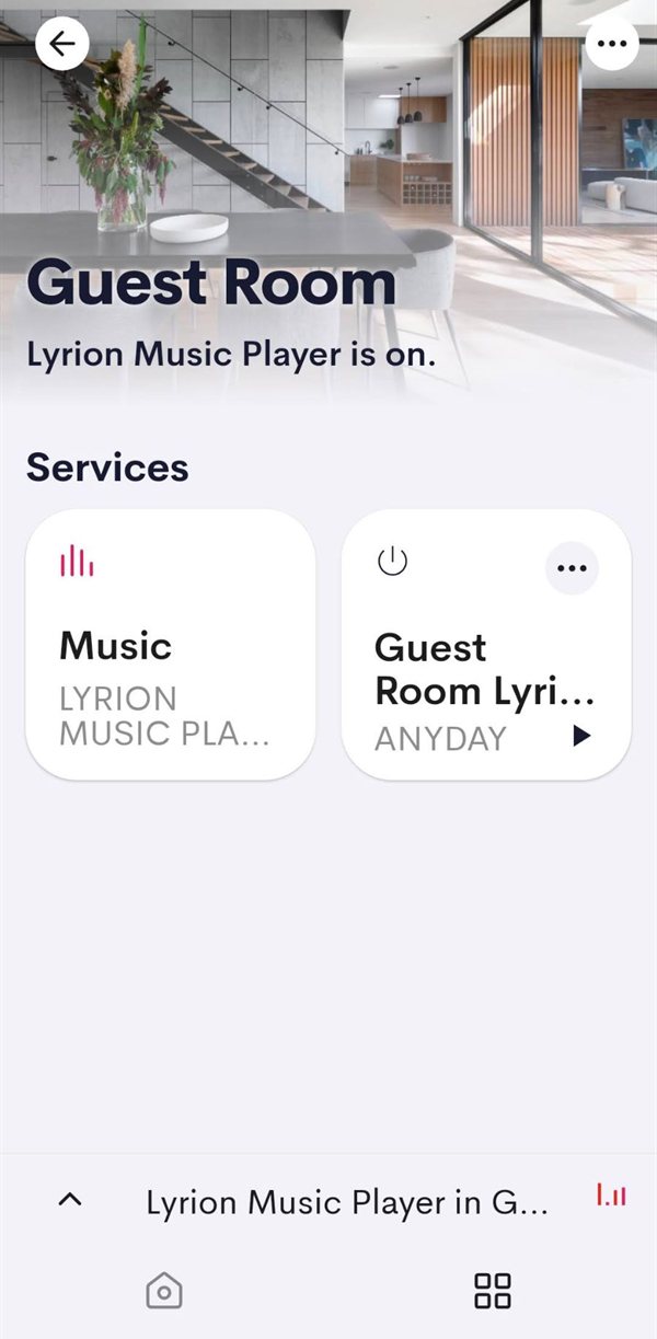 Crestron Home room page showing the Music tile and the Lyrion Helper tile with the current track