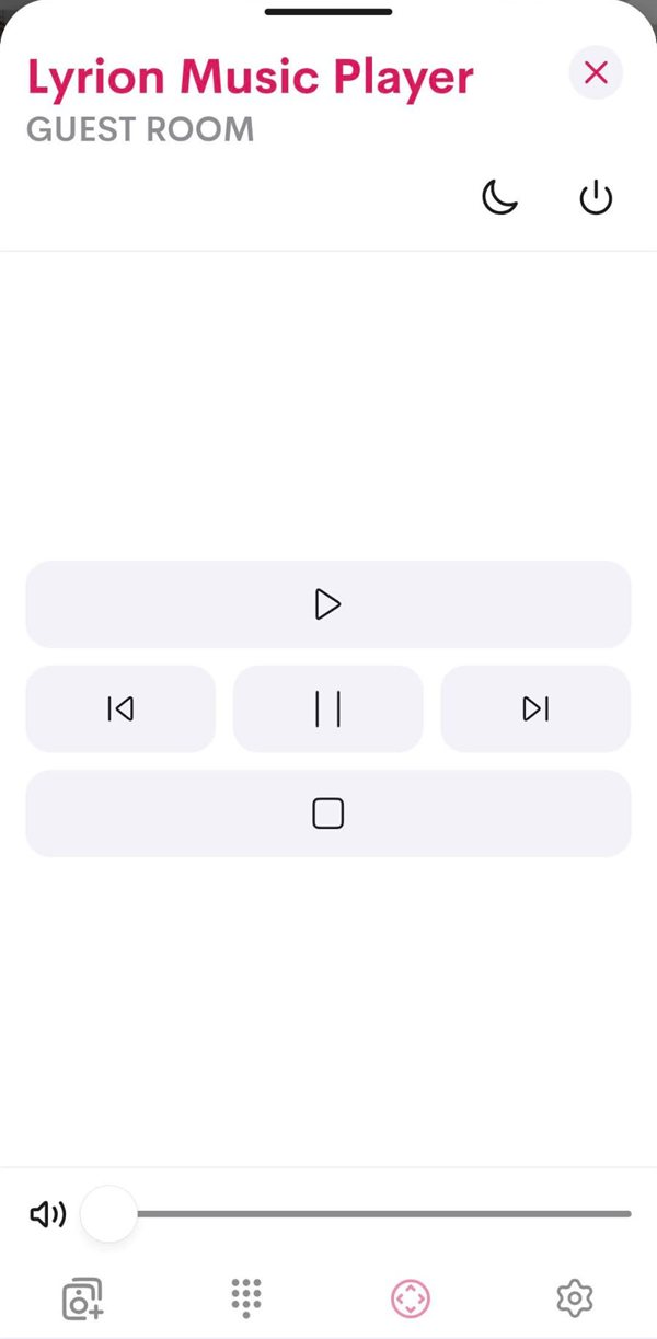 Lyrion Source device page with play, pause, stop, next and previous
