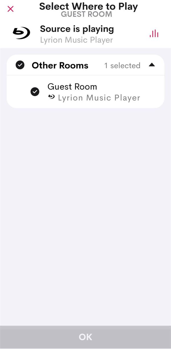 Crestron Home Select Where to Play screen with the Lyrion Source playing in the Guest Room